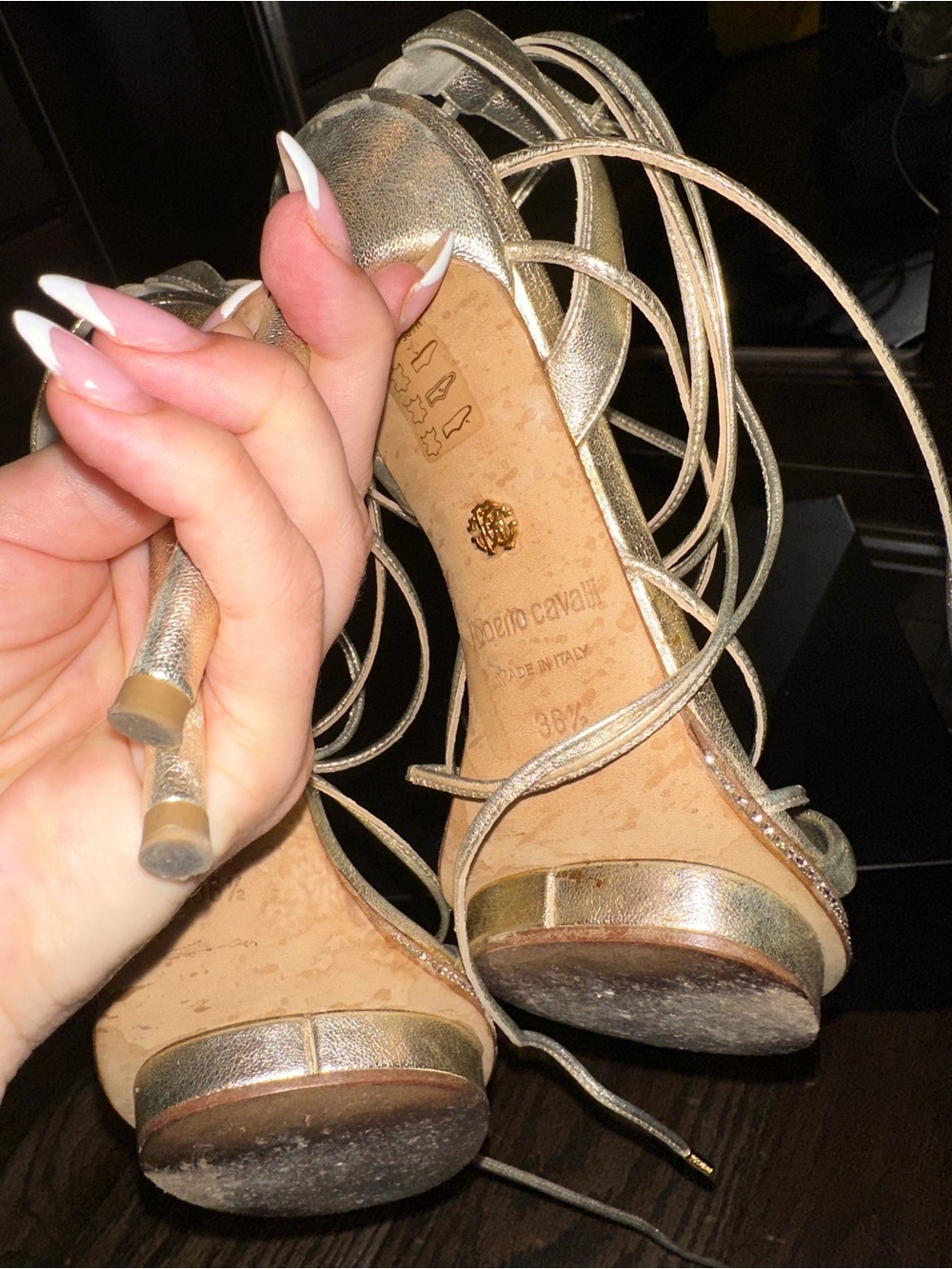 Roberto Cavalli Metallic Gold Strappy Lace-Up Heels include dust bag